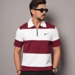 Men Stripe Pure Cotton Zipper Polo - Burgundy