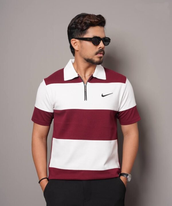 Men Stripe Pure Cotton Zipper Polo - Image 2