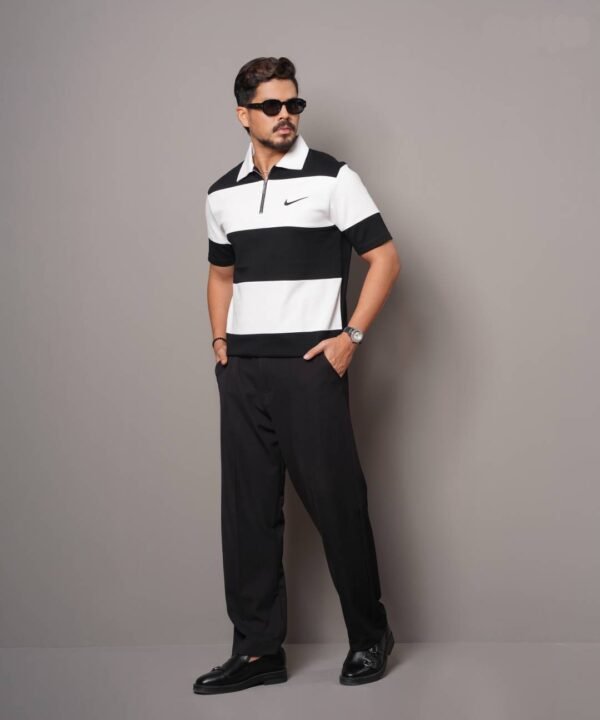 Men Stripe Pure Cotton Zipper Polo - Image 3