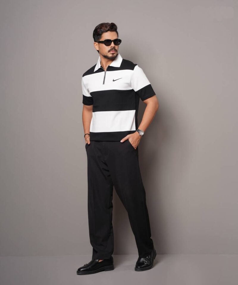 Men Stripe Pure Cotton Zipper Polo - Image 3