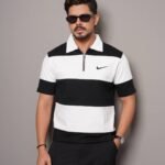 Men Stripe Pure Cotton Zipper Polo - Black