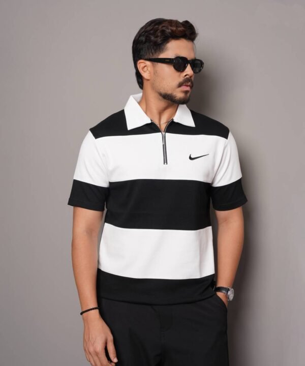 Men Stripe Pure Cotton Zipper Polo - Image 4