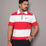 Men Stripe Pure Cotton Zipper Polo - Persian Red