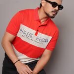 Colour Block Short Sleeve Cut & Sew Polo Shirt - Persian Red