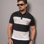 Colour Block Short Sleeve Cut & Sew Polo Shirt - Black
