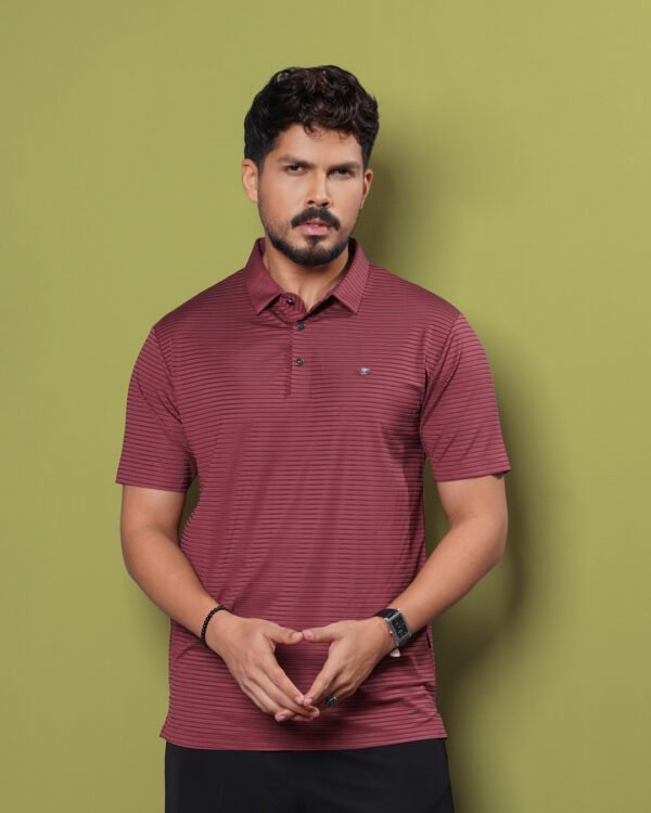 Men Blue Stripe Neck Collar Polo Shirt - Image 2
