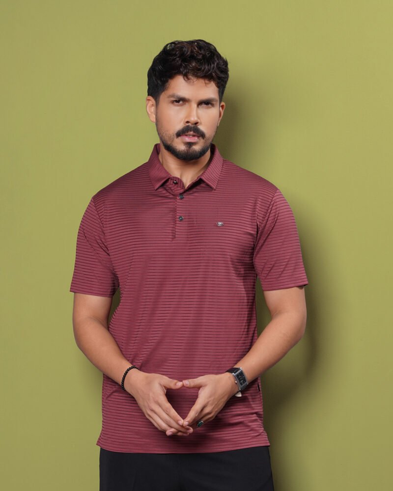 Men Blue Stripe Neck Collar Polo Shirt - Image 2
