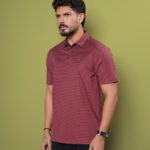 Men Blue Stripe Neck Collar Polo Shirt - Rich Maroon