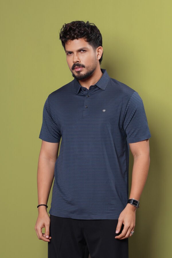 Men Blue Stripe Neck Collar Polo Shirt