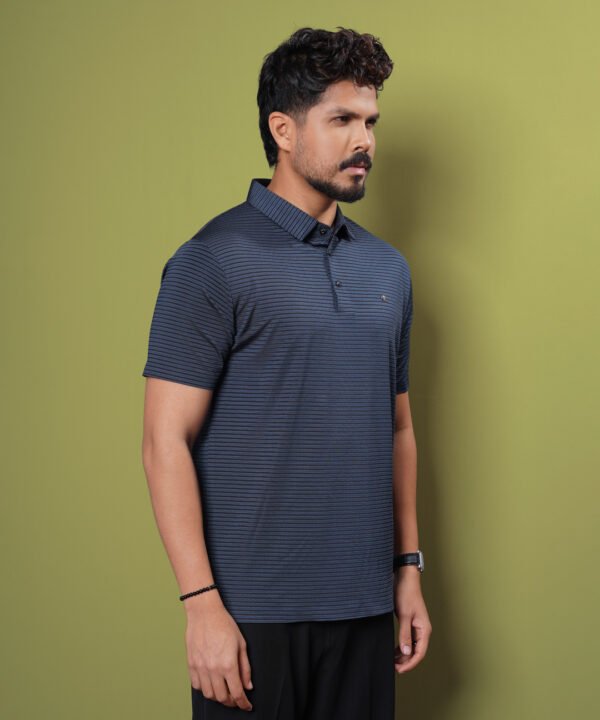 Men Blue Stripe Neck Collar Polo Shirt - Image 3