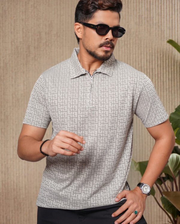 Men’s Zigzag Pattern Knit Polo in Green - Image 3