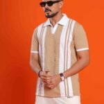 Vertical Striped Polo Shirt - Sandstone & White