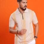 Striped Zipper Collar Slim Fit T-shirt - Light Yellow