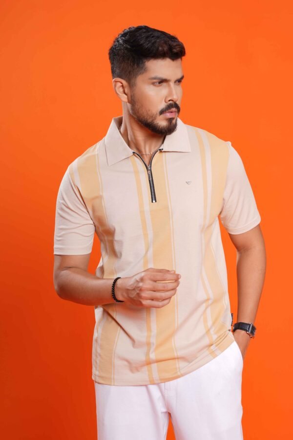 Striped Zipper Collar Slim Fit T-shirt