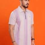 Striped Zipper Collar Slim Fit T-shirt - Light Pink