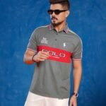 Men Colorblock Neck Cotton Blend Polo Shirt - Silver Chalice