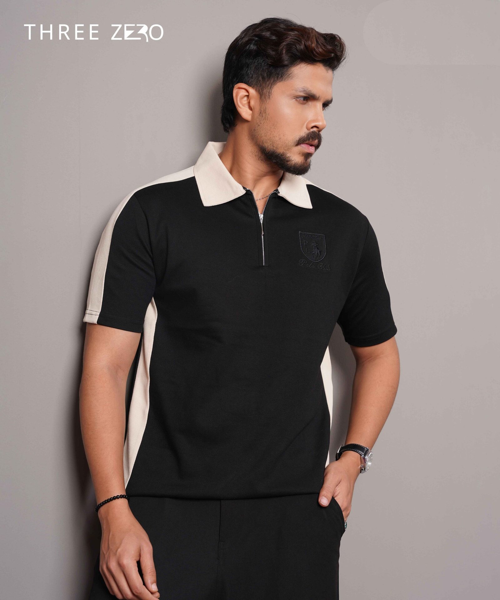 Men’s Black & Beige Zip Polo Shirt