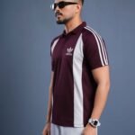 Men Striped Polo Neck Pure Cotton  T-Shirt - Rich Maroon