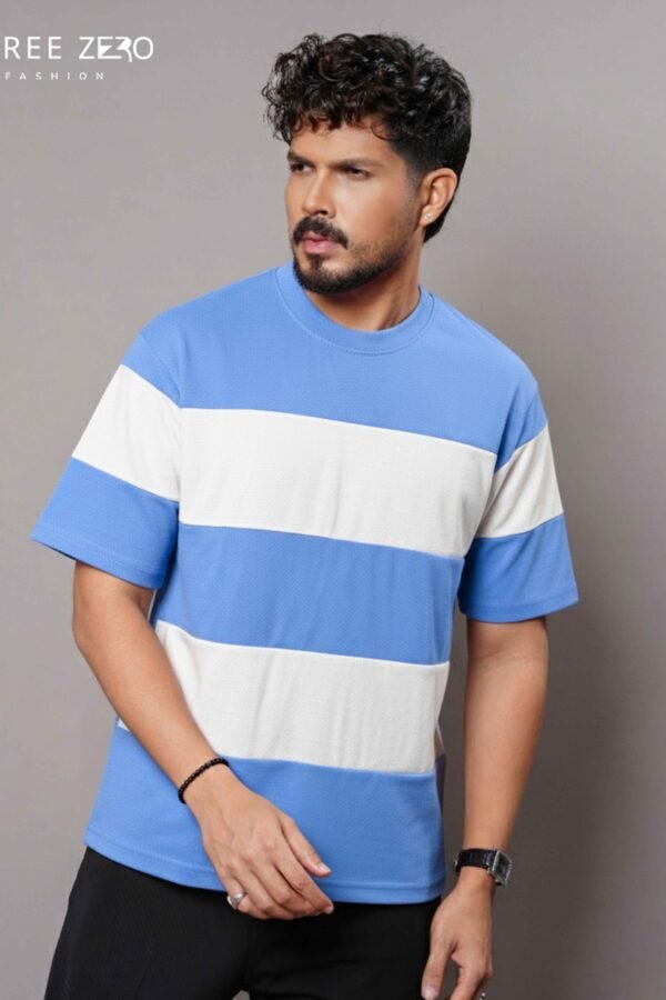 Men’s Sky Blue & White Block Stripe T-Shirt