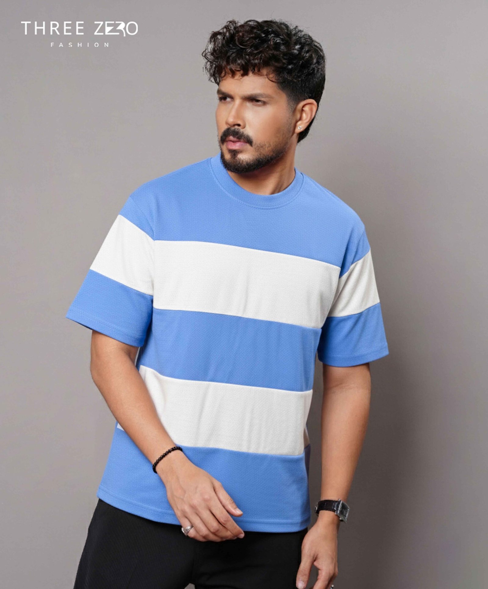Men’s Sky Blue & White Block Stripe T-Shirt