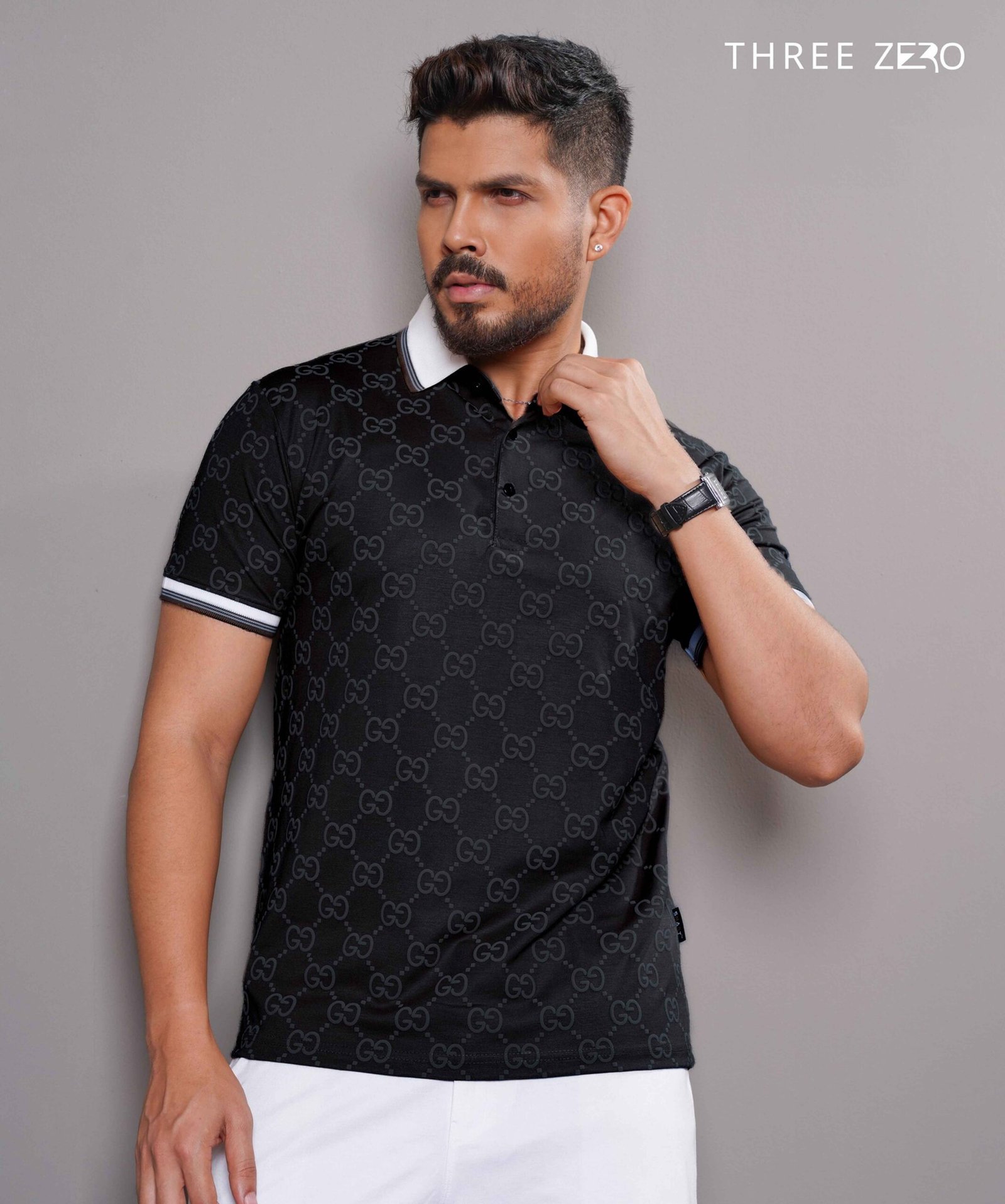 Men’s Black GG-Monogram Silk Polo