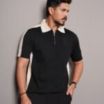 Men’s Black & Beige Zip Polo Shirt - Black Cow