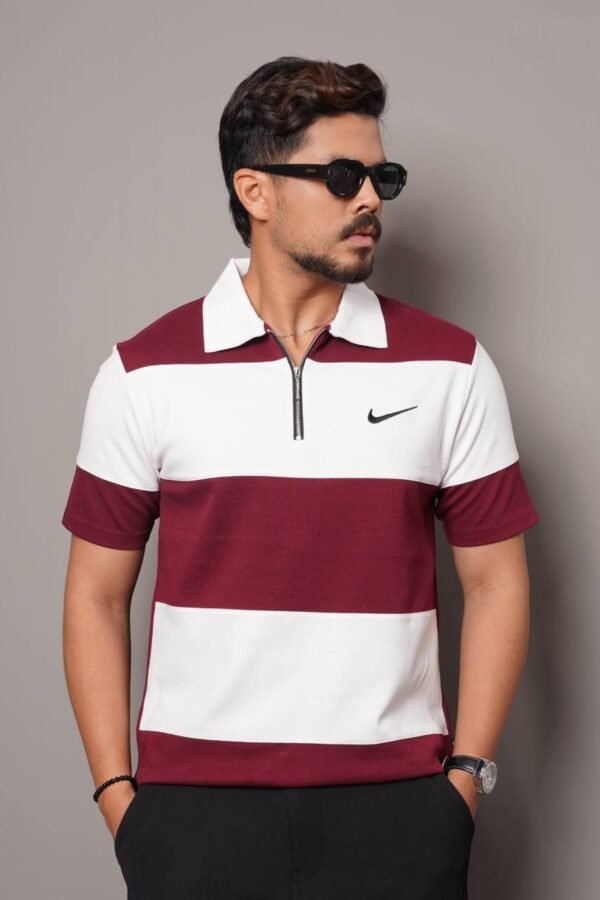 Men Stripe Pure Cotton Zipper Polo