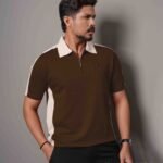 Men’s Black & Beige Zip Polo Shirt - Coffee Brown